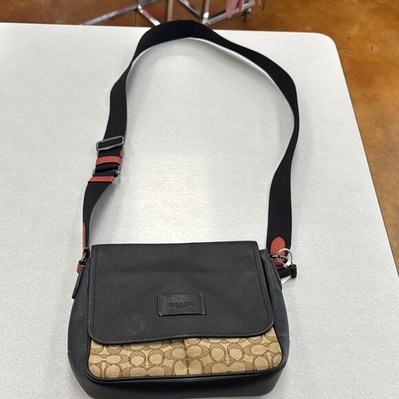 Coach Black and Tan Messenger Bag with Signature Design - Picture 1 of 11